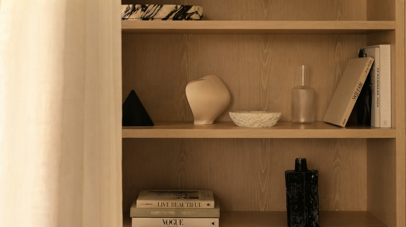 Editorial illustration for Beyond Clutter: The Power of Negative Space in Bookshelf Styling